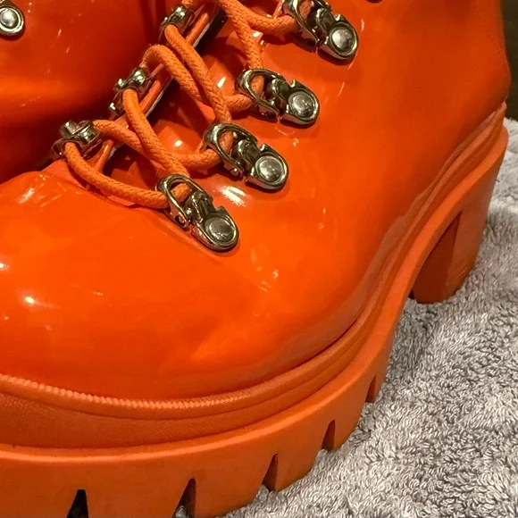 Rare! Neon orange Jeffrey Campbell Czech chunky heeled combat boots - Picture 5 of 11
